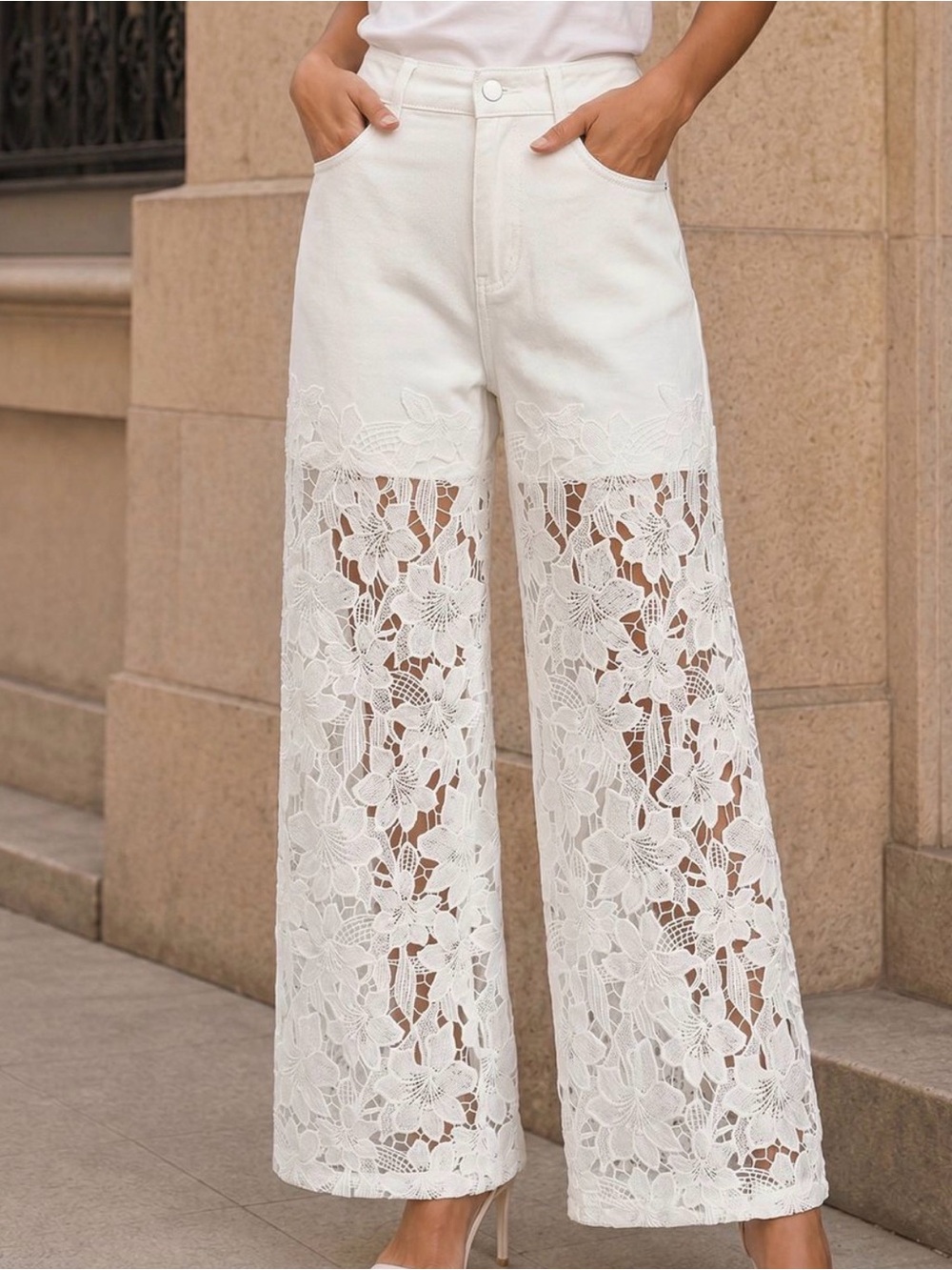 Commense White Lace Panel Wide-Leg Jeans
